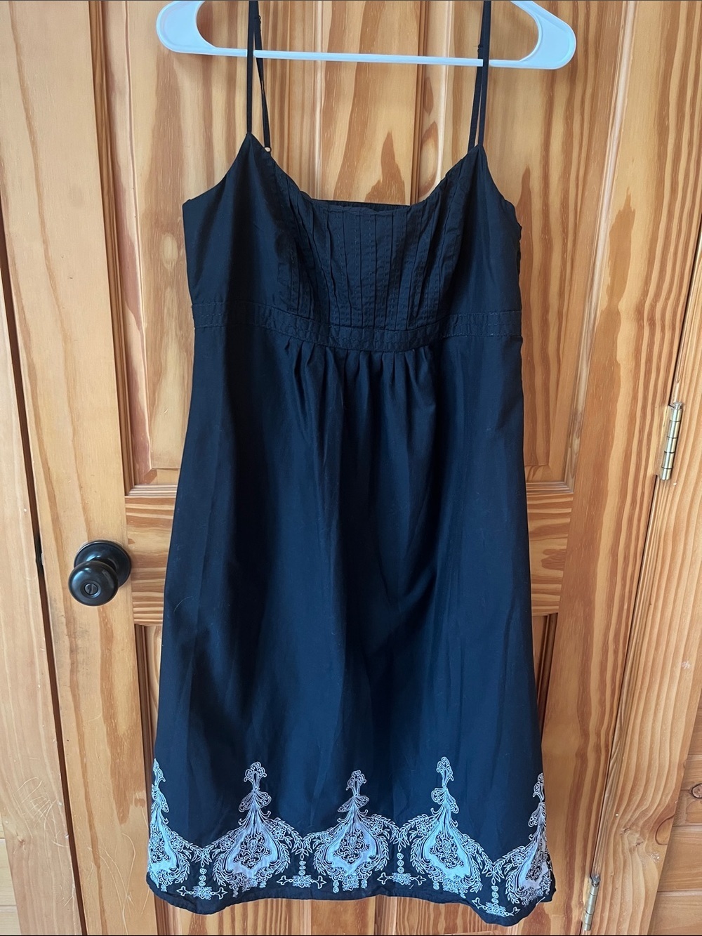 LOFT Black Spaghetti-Strap Dress with White Embroidered Hem - Size 10